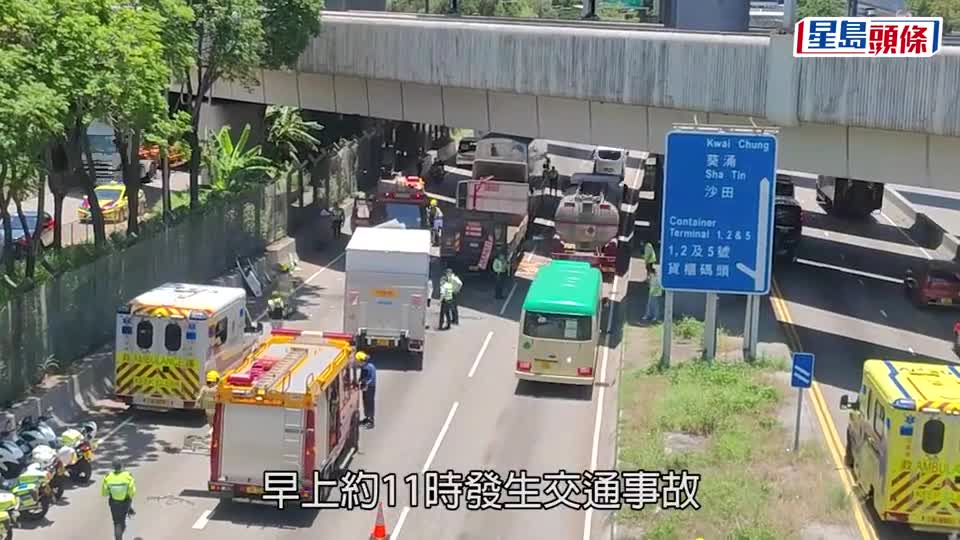交通意外｜葵涌道2货车与巴士相撞，货车司机受困
